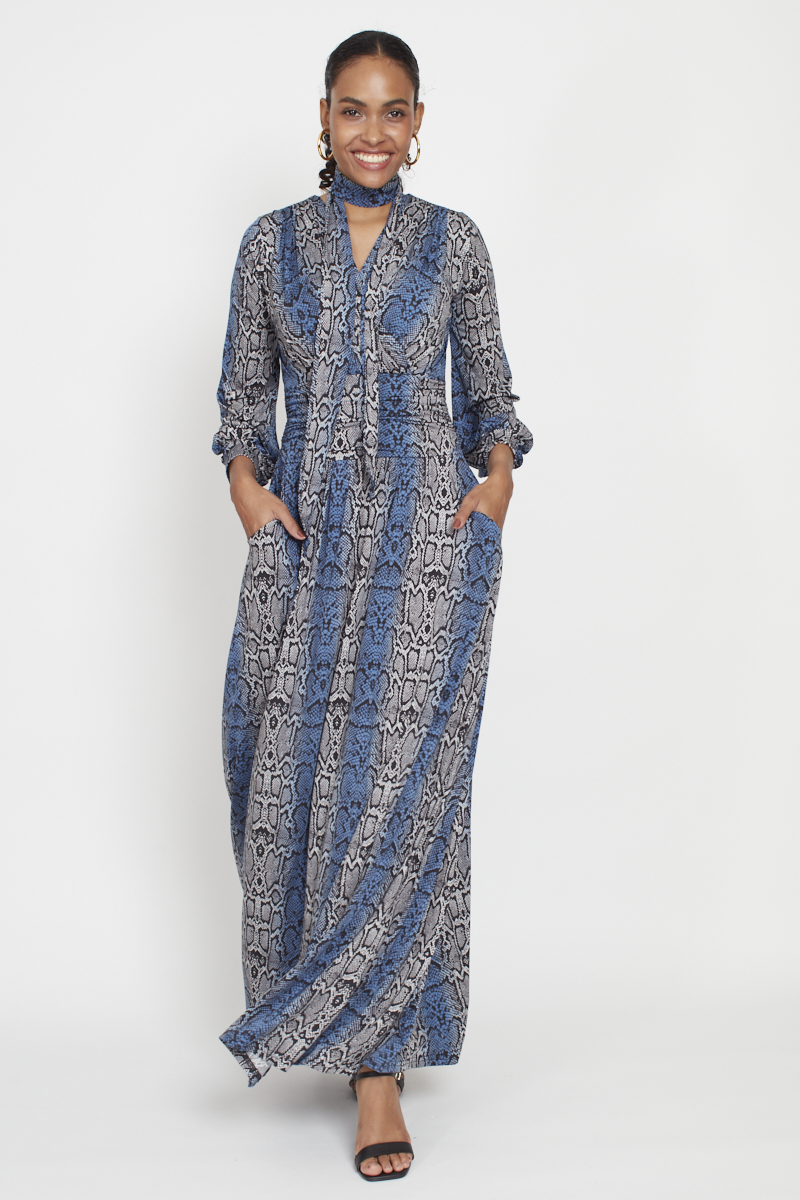 SHARON MAXI DRESS SNAKE BLUE GREY PRINT