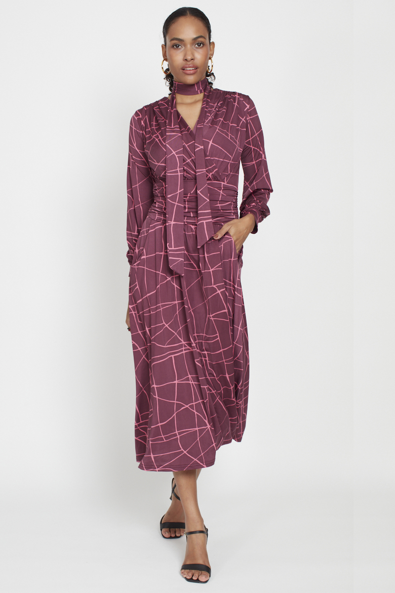 SHARON MIDI DRESS ABSTRACT PINK BORDEAUX