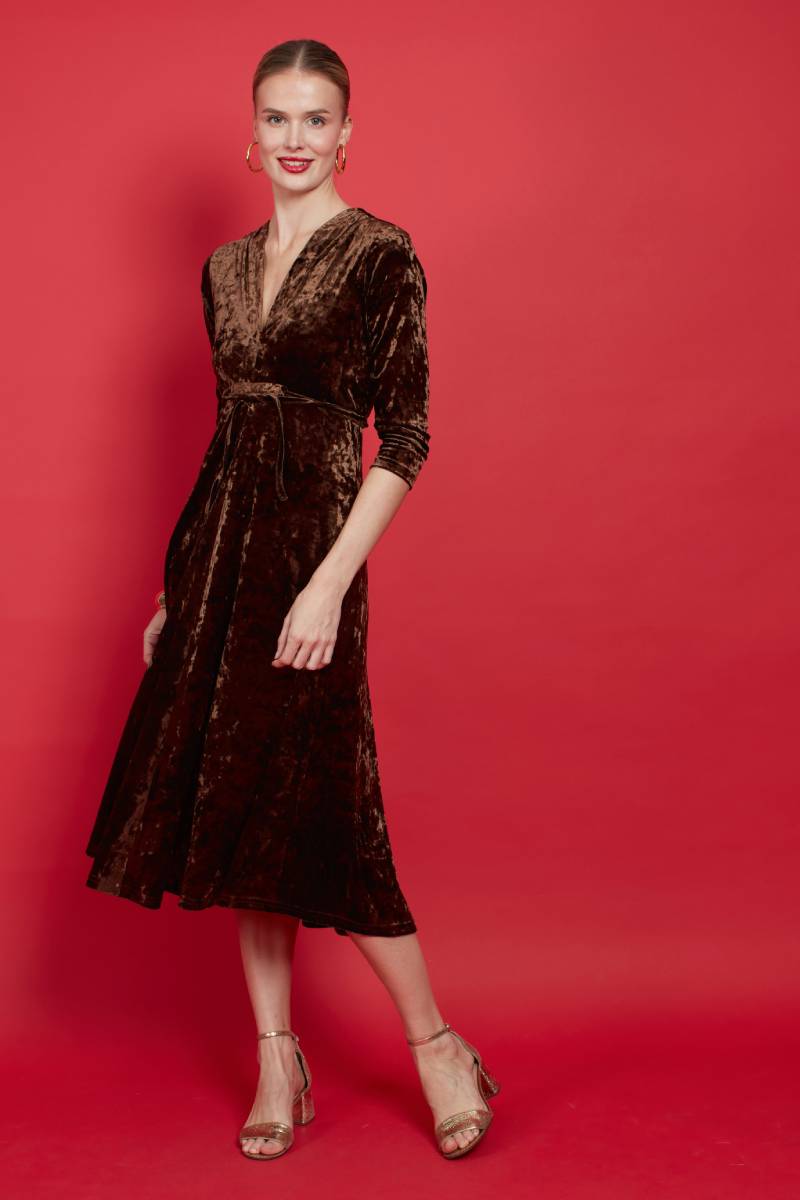AMY MIDI DRESS BROWN VELVET 3/4 LENGTH SLEEVE