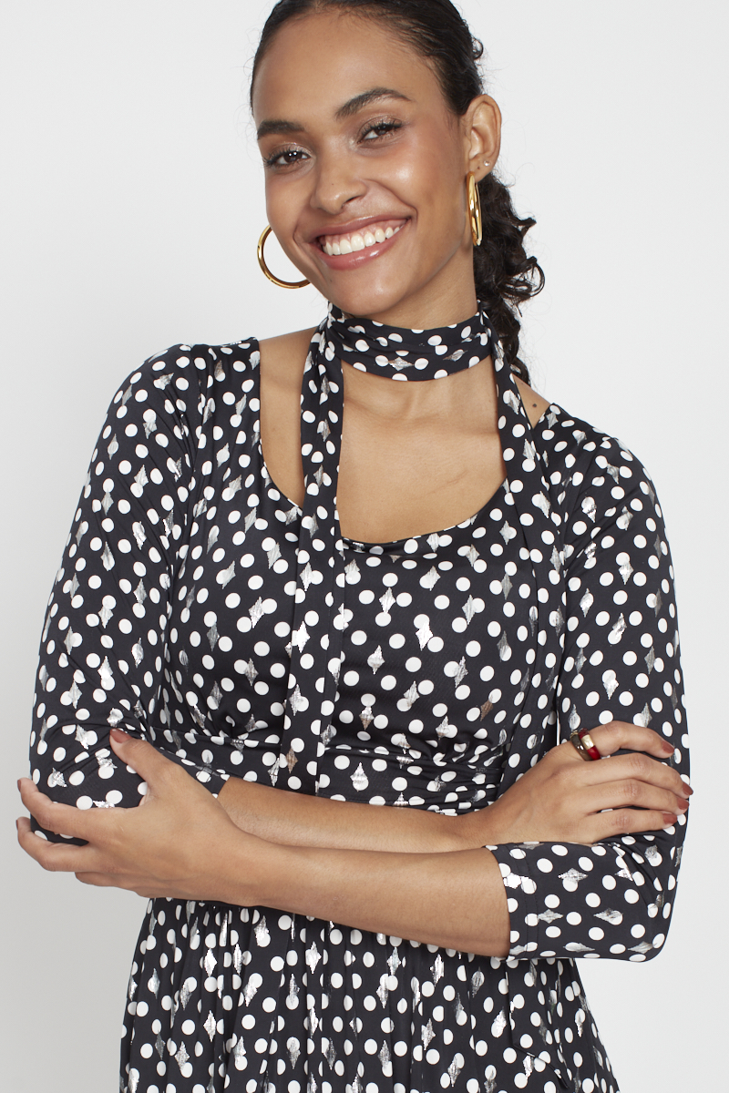 CLARA DRESS-AW25 POLKA METALLIC BLACK DOT