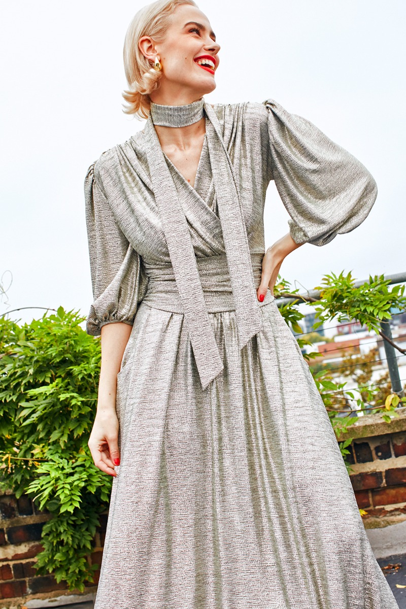 DEBORAH MAXI DRESS METALLIC SILVER PRINT