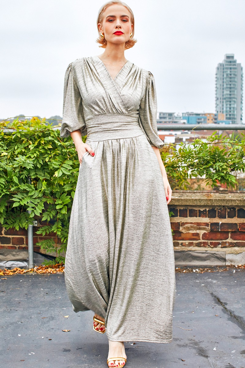 DEBORAH MAXI DRESS METALLIC SILVER PRINT