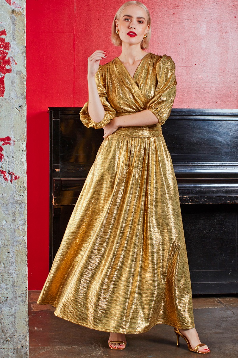 DEBORAH MAXI DRESS METALLIC GOLD PRINT