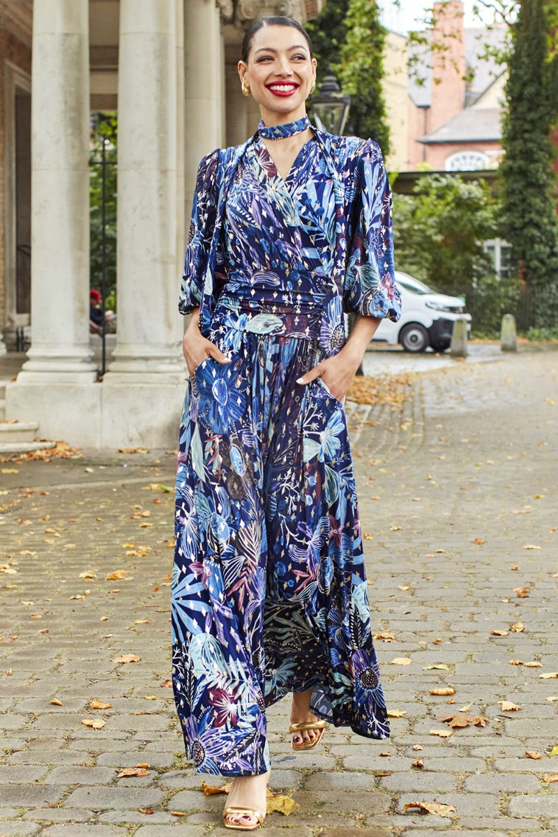 Blue and gold maxi dress clearance
