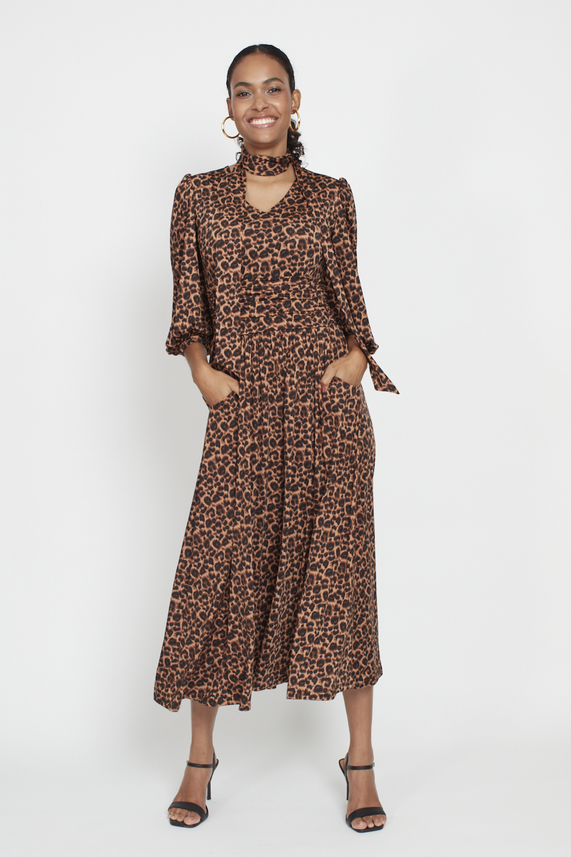 ESME MIDI DRESS SMALL LEOPARD BROWN