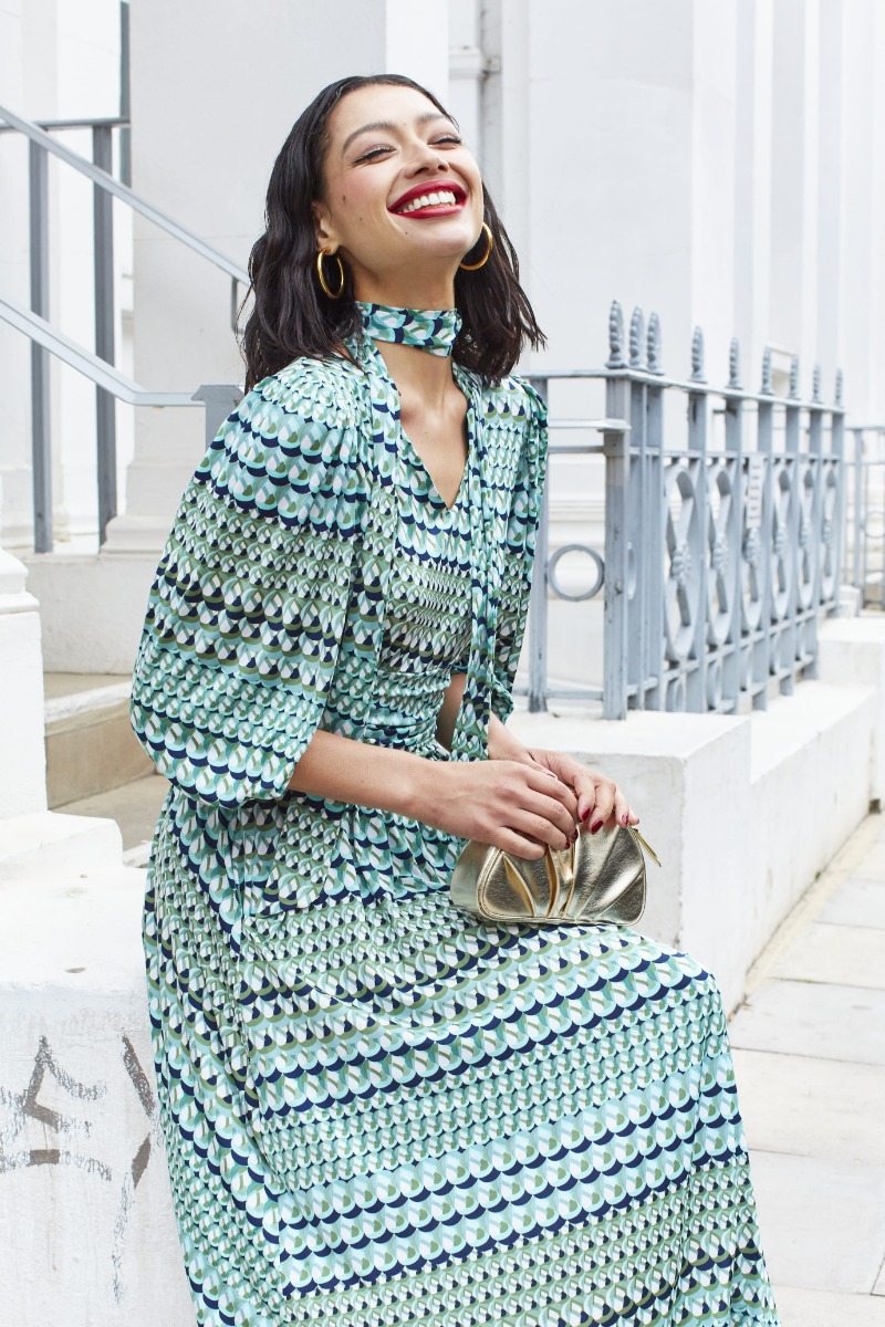 Green print midi dress discount
