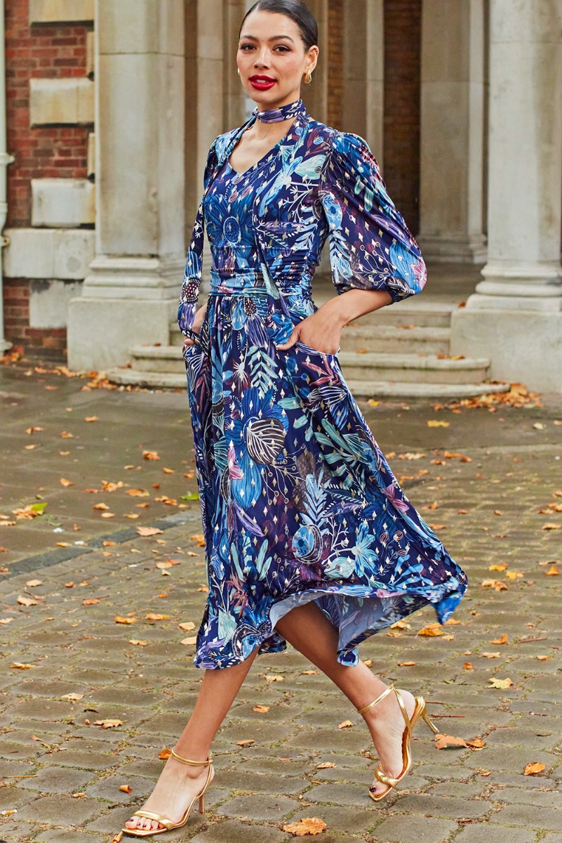 ESME MIDI DRESS MOONLIGHT BLUE GOLD PRINT ESME MIDI DRESS MOONLIGHT BLUE GOLD PRINT
