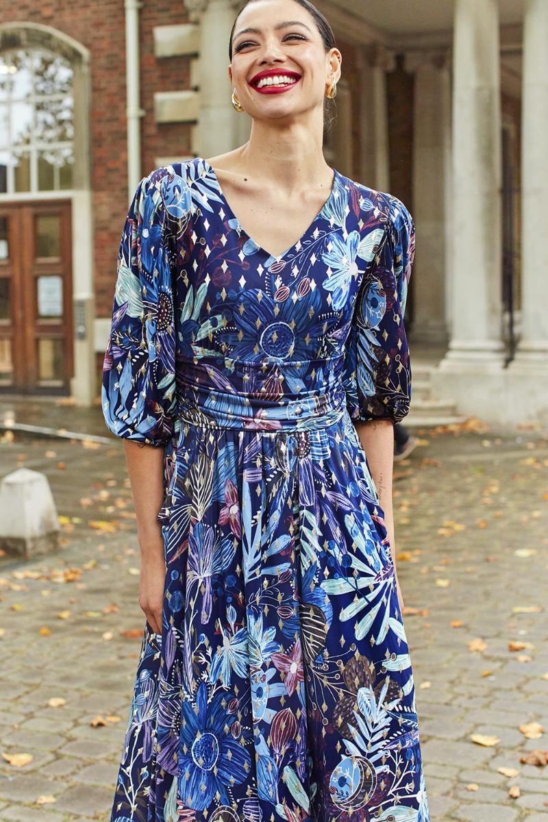 ESME MIDI DRESS MOONLIGHT BLUE GOLD PRINT ESME MIDI DRESS MOONLIGHT BLUE GOLD PRINT