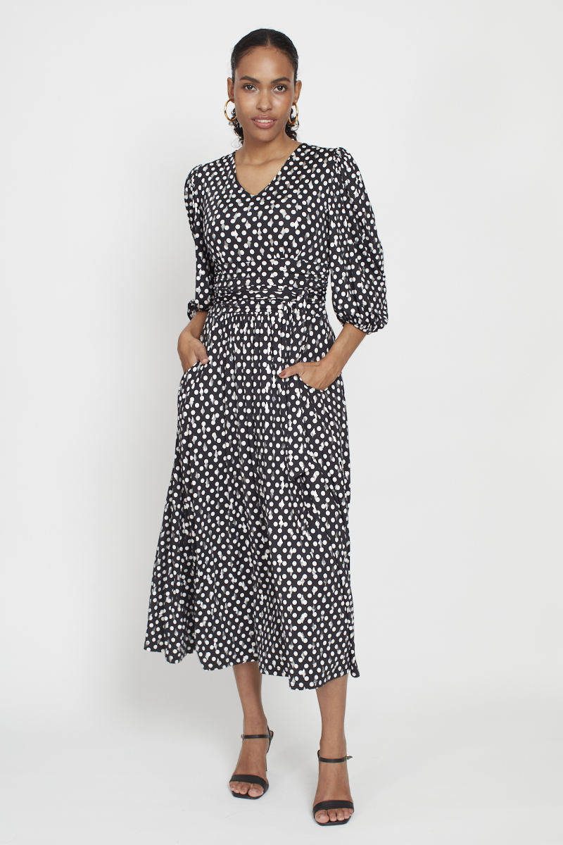 ESME MIDI DRESS POLKA METALLIC BLACK DOT