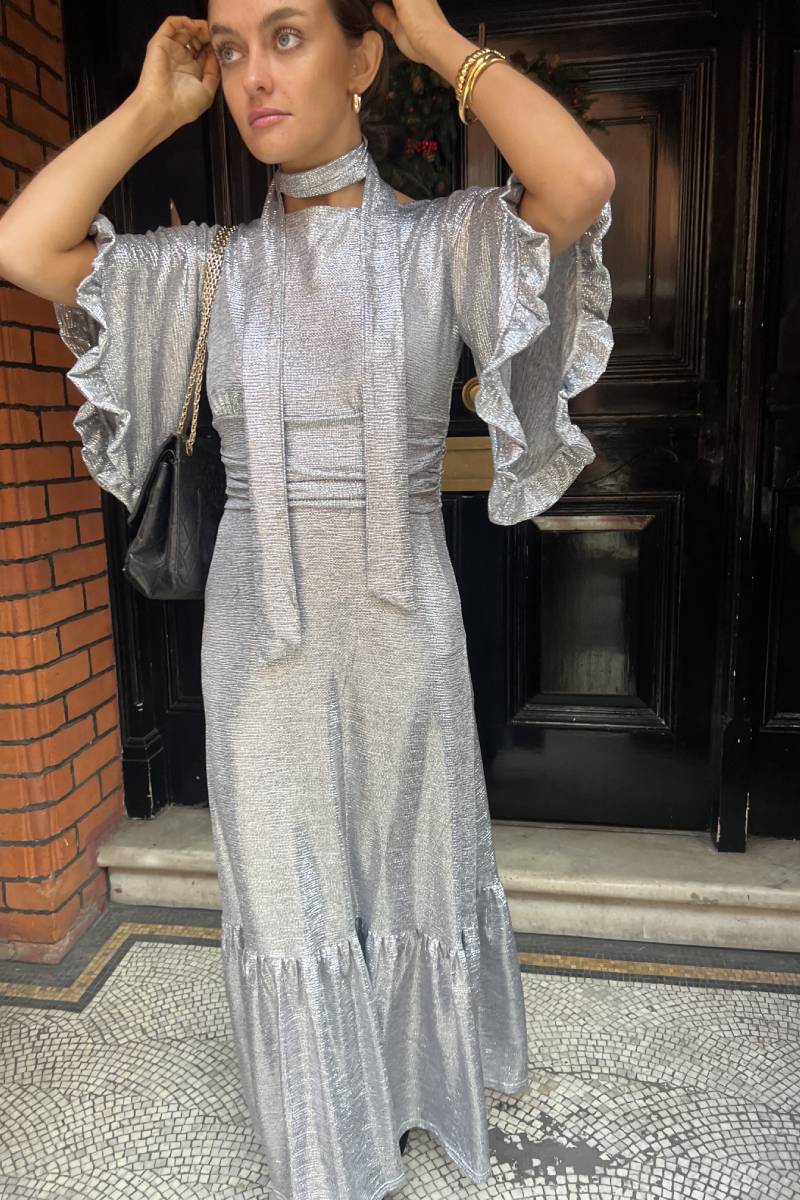 metallic silver dress uk Silver Metallic Crinkle Maxi Dress self-portrait