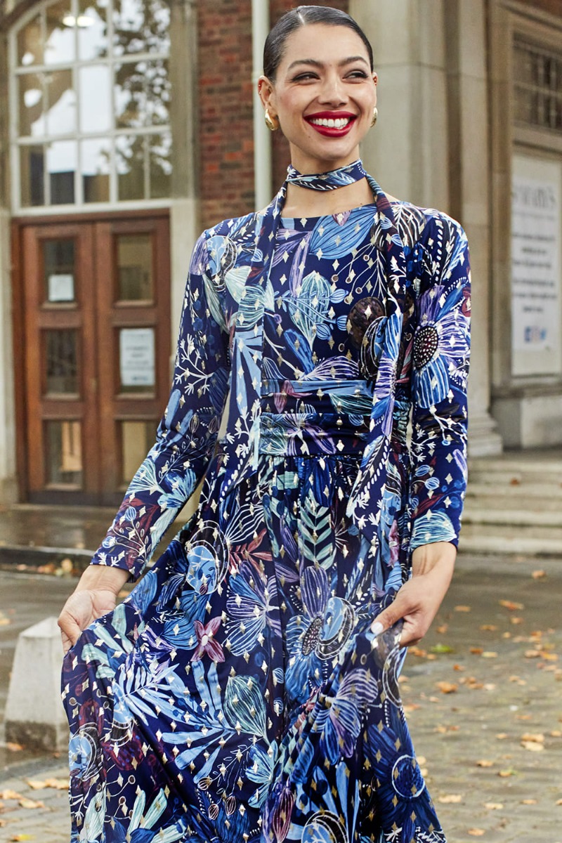 JONI MAXI DRESS MOONLIGHT BLUE GOLD PRINT