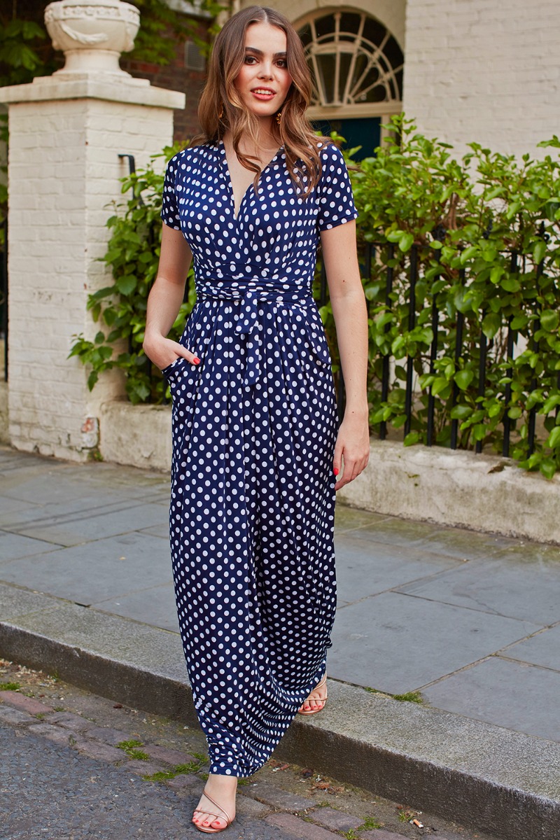 Navy and white polka dot hot sale maxi dress