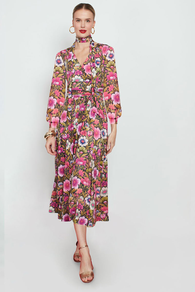 SHARON MIDI DRESS VINTAGE PINK FLOWER PRINT LONG SLEEVE