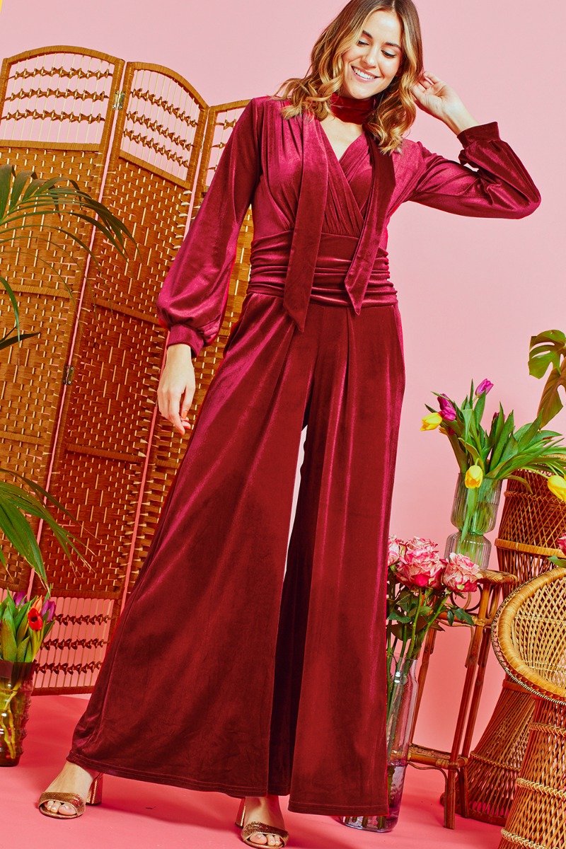 Burgundy velvet jumpsuit hotsell