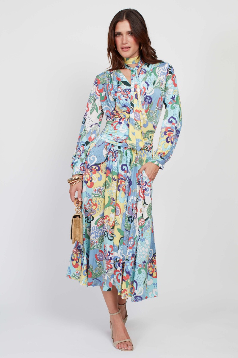 SHARON MIDI BLUE BARDOT PRINT