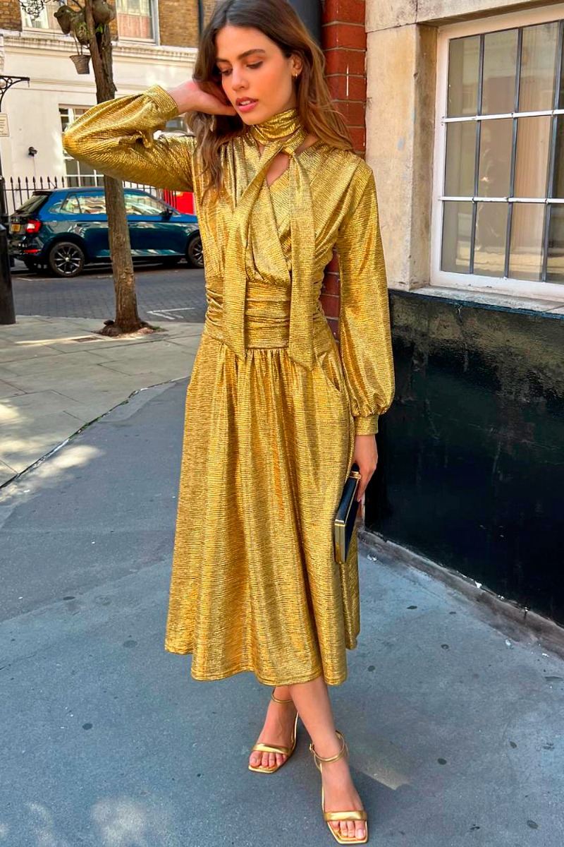SHARON MIDI DRESS METALLIC GOLD PRINT