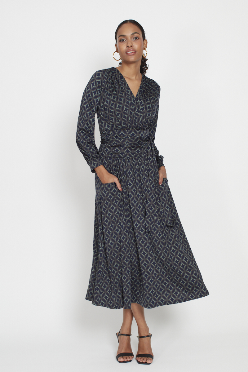 SHARON MIDI DRESS GEO GREEN PRINT