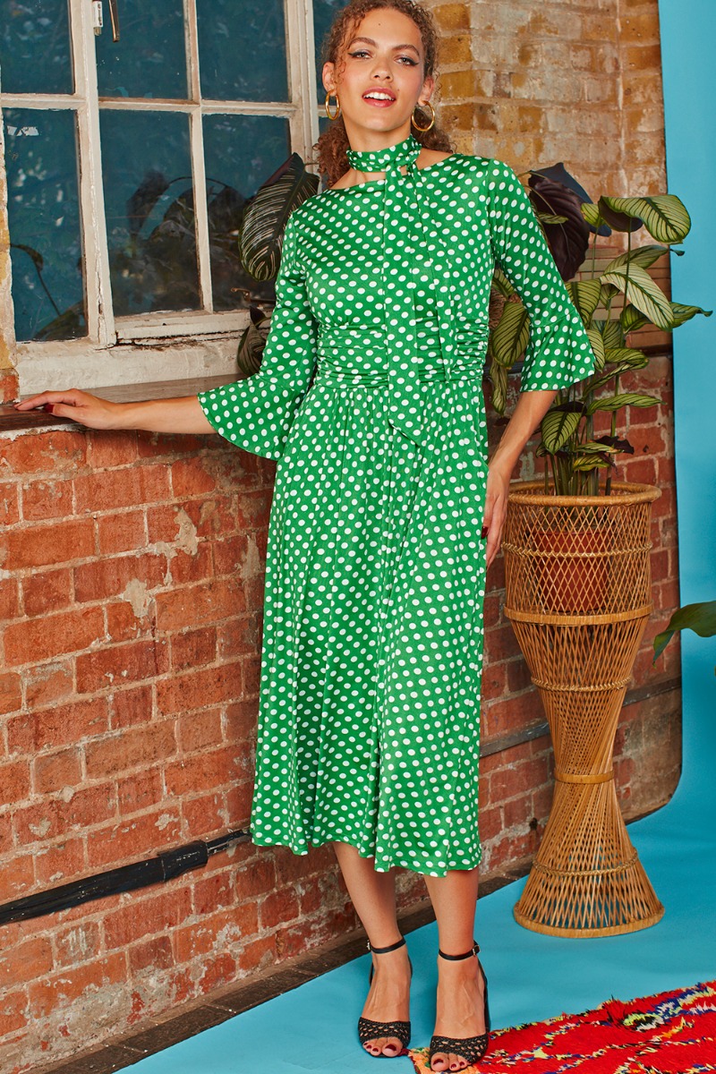 Green midi polka dot dress hotsell