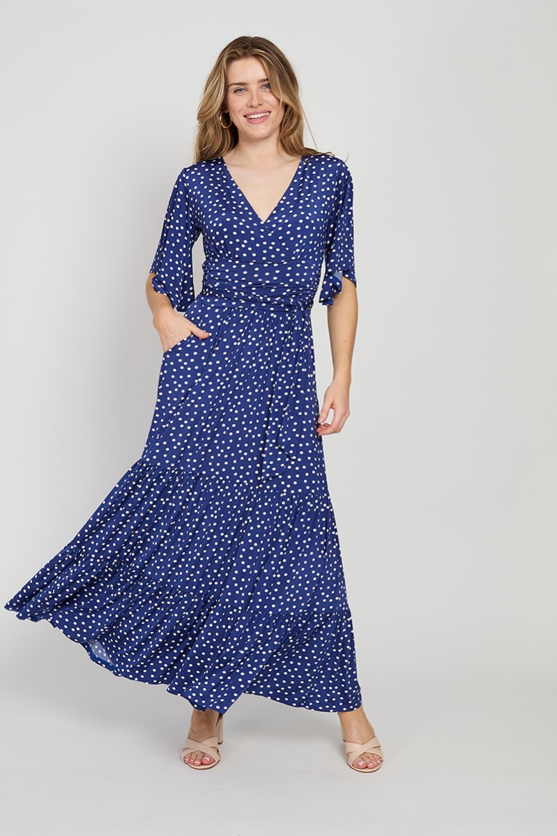 TILLY MAXI DRESS SMALL POLKA DOT NAVY BLUE