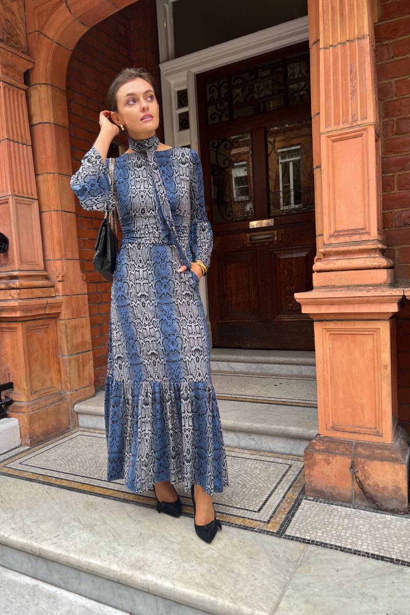 YANA MAXI DRESS SNAKE BLUE GREY PRINT